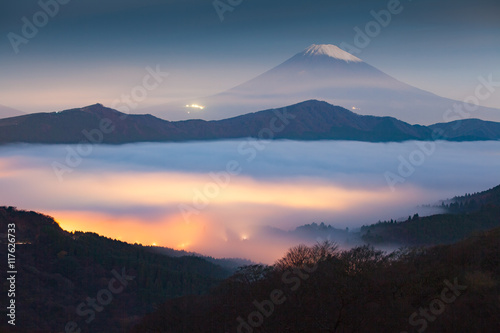 Mt.fuji and sea of mist above lake ashi at Hakone in autumn early morning