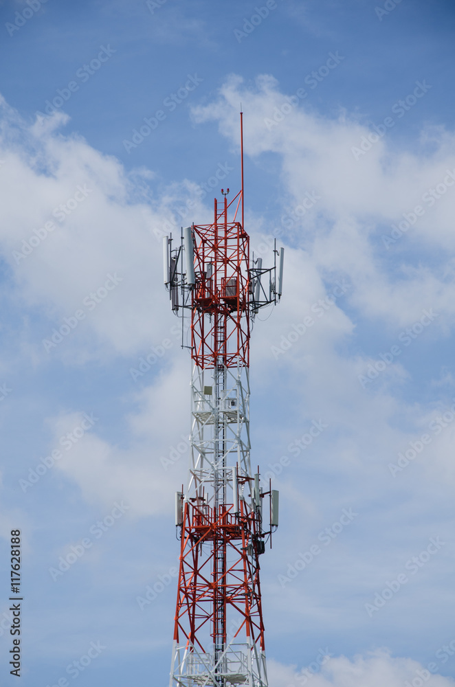 The communication tower,red & white color with rice field and beautiful sky. The communication tower,red & white color with rice field and beautiful sky.