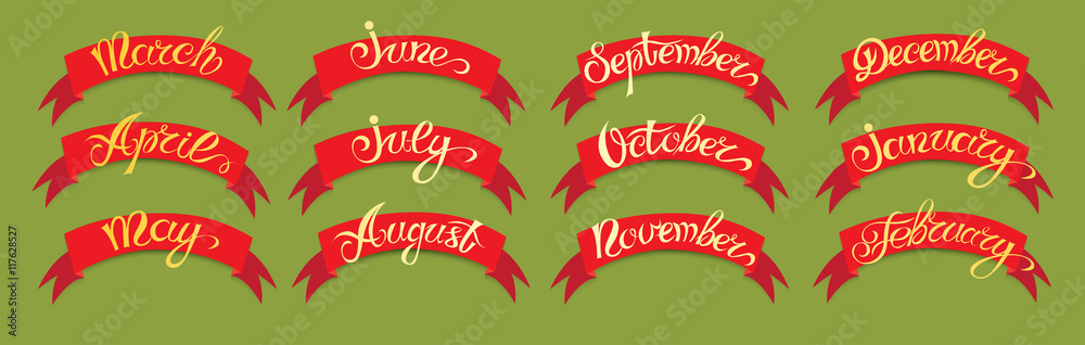 Set red labels with hand-drawn lettering on green background, months names of year Set red labels with hand-drawn lettering on green background, months names of year