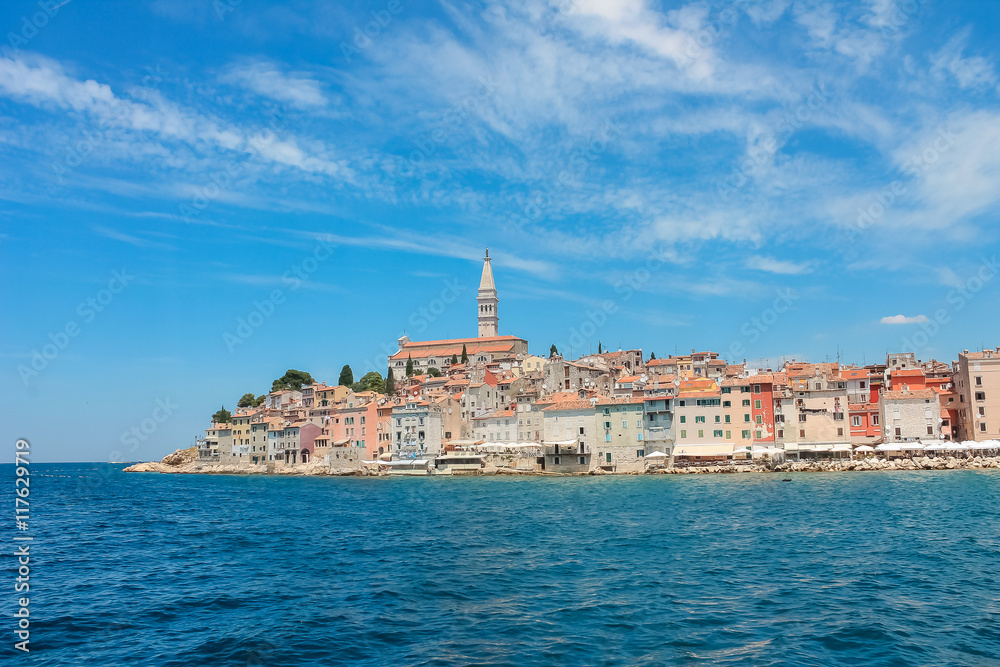 Colourful houses of old city if Rovinj, Croatia, view from the Adriatic sea