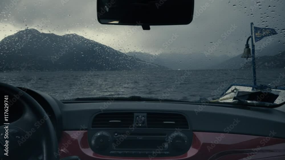 View from inside the car when Ferry boat crossing lake Lecco, Italy. 4k View from inside the car when Ferry boat crossing lake Lecco, Italy. 4k