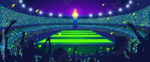 Fototapeta Naklejka Na Ścianę i Meble -  Colorful night stadium, People celebrate the flame, Vector illustration.
