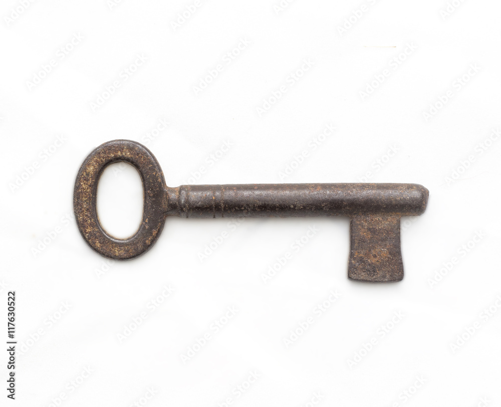 Closeup of an Old Rusty Key, Isolated on White Background, Top view