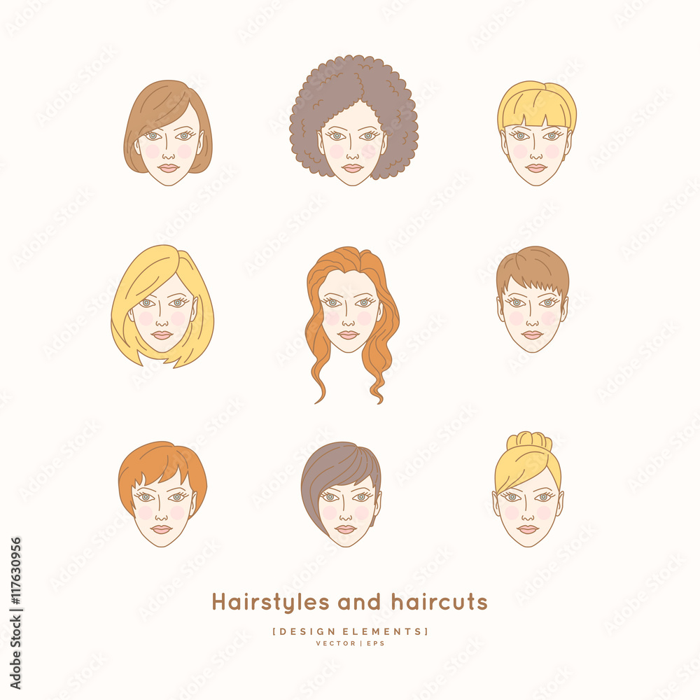 Set of female faces with different hairstyles