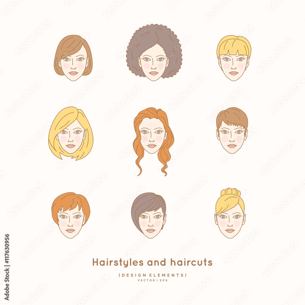 Set of female faces with different hairstyles Set of female faces with different hairstyles
