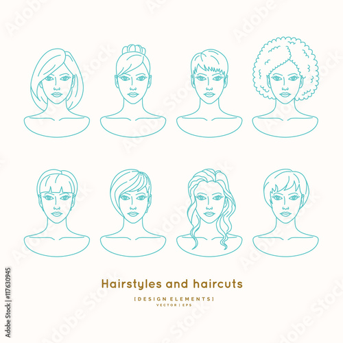 Set of female faces with different hairstyles