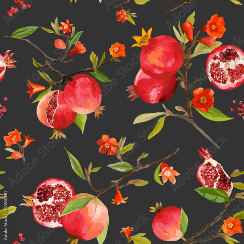 Seamless Pattern. Pomegranate Tropical Background. Floral Pattern