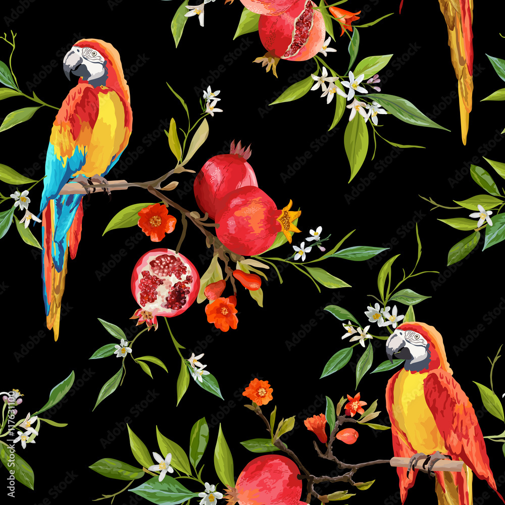 Fototapeta premium Tropical Flowers, Pomegranates and Parrot Birds Background