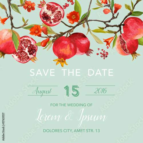 Wedding Invitation Card - with Pomegranates and Flowers Background