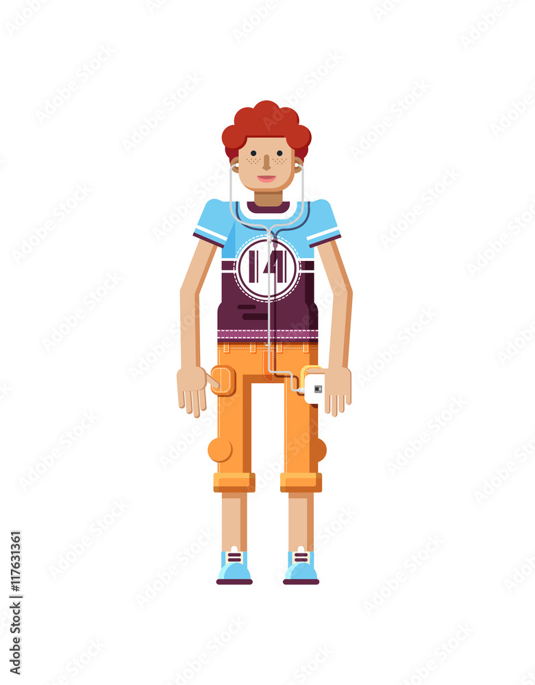illustration isolated of European redhead man with freckles in short orange pants,   smartphone