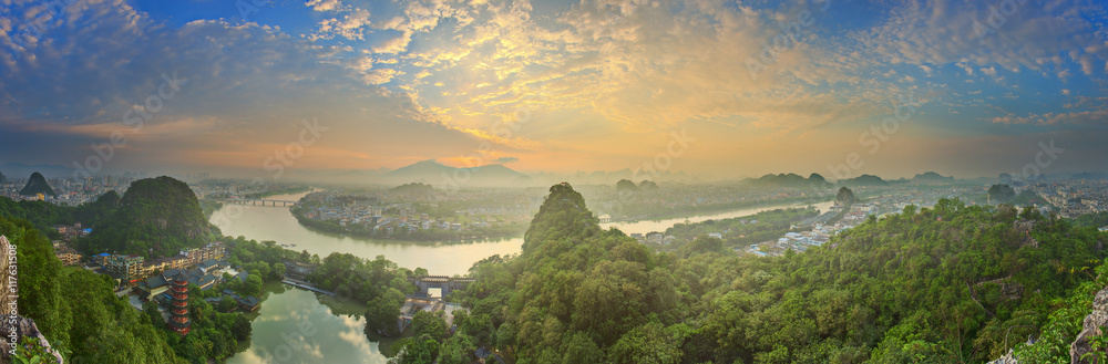 Landscape of Guilin, Li River and Karst mountains. Located near Yangshuo County, Guangxi Province, China