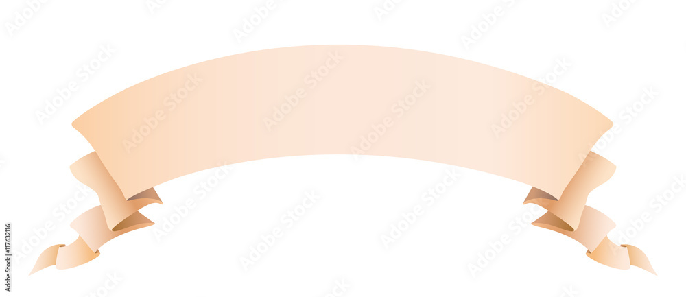 Beige, light brown long volume curved semicircle arc strip, tape of fabric or old paper with curly edges. Decorative retro ribbon with empty space for title writing, element for design
