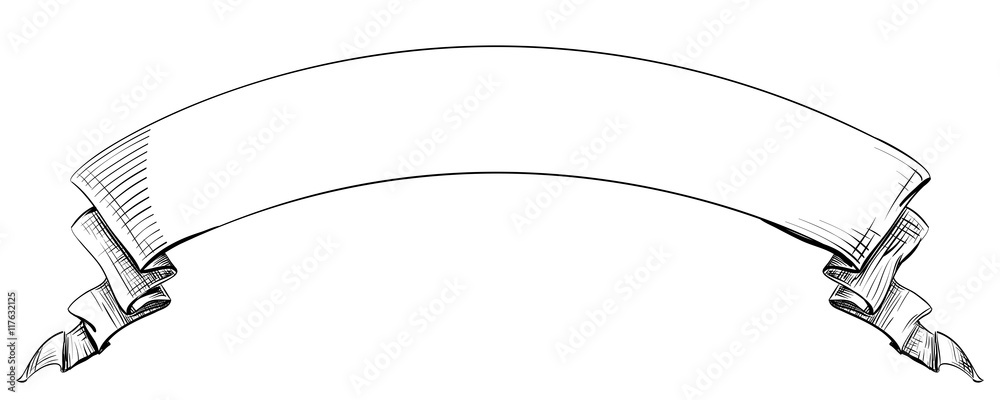 Long curved semicircle arc strip, sketch hand-drawn lines and strokes tape  with curly edges. Decorative retro ribbon with empty space for title  writing, element on a white background for design Stock Vector