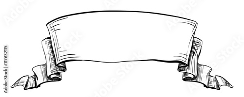 Wide short curved semicircle arc strip, sketch hand-drawn lines and strokes tape with curly edges. Decorative retro ribbon with empty space for title writing, element on a white background for design