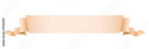 Beige, light brown straight flat length strip, tape of fabric or old paper with curly edges. Decorative retro ribbon with empty space for title writing, element on a white background for design
