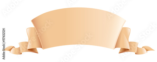 Beige, light brown wide, short volume curved semicircle arc strip, tape of fabric or old paper with curly edges. Decorative retro ribbon with empty space for title writing, element for design