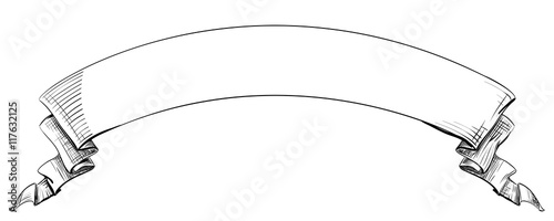 Long curved semicircle arc strip, sketch hand-drawn lines and strokes tape with curly edges. Decorative retro ribbon with empty space for title writing, element on a white background for design