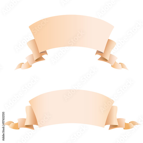 Set of light brown wide, short volume curved semicircle arc strips, tapes of fabric or old paper with curly edges. Decorative retro ribbon with empty space for title writing, element for design