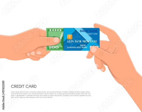 Human hand holding bank credit card and cash money. Financial business payments concept vector illustration in flat style