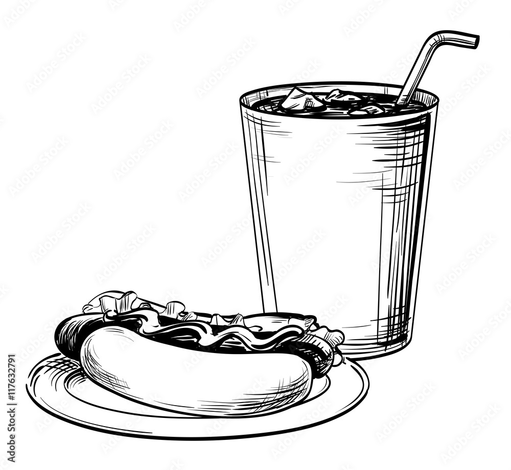 Hot dog, sausage sandwich fast food and drink cocktail, soda or shake. Hand drawing graphic