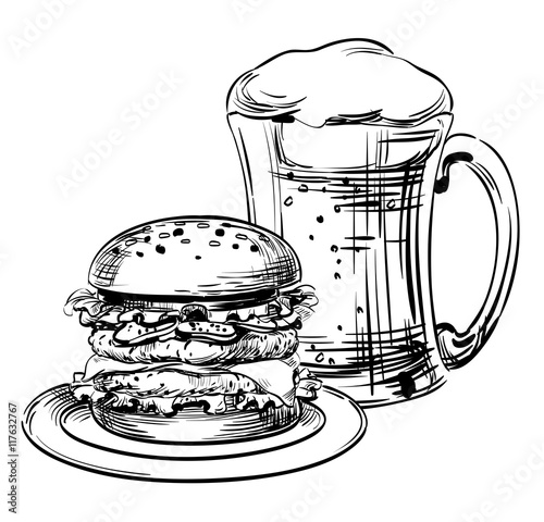 Beer in a glass mug and fast food, hamburger or sandwich. Hand drawing graphic strokes and lines image for Oktoberfest or menu the restaurant, pub, bistro, snack bar, isolated vector outline sketch