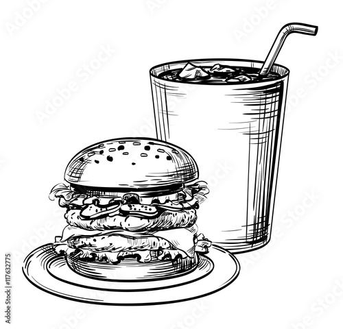 Sandwich, hamburger or burger fast food and drink cocktail, soda or shake. Hand drawing graphic strokes and lines image for menu the restaurant, pub, bistro, snack bar, isolated vector outline sketch 