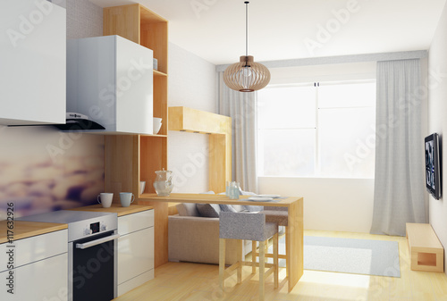 3D illustration of modern flat in Scandinavian style photo