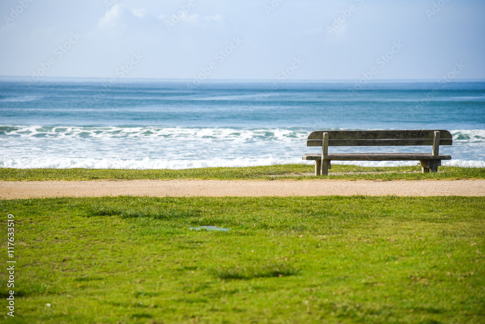 Wood bench near beach and sea