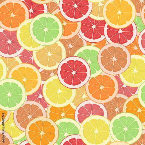 Seamless pattern background citrus. Wallpaper fruit. Vector tropical delicious. Sliced of lemon, orange and grapefruit. Tasty and healthy eat. Sweet food.