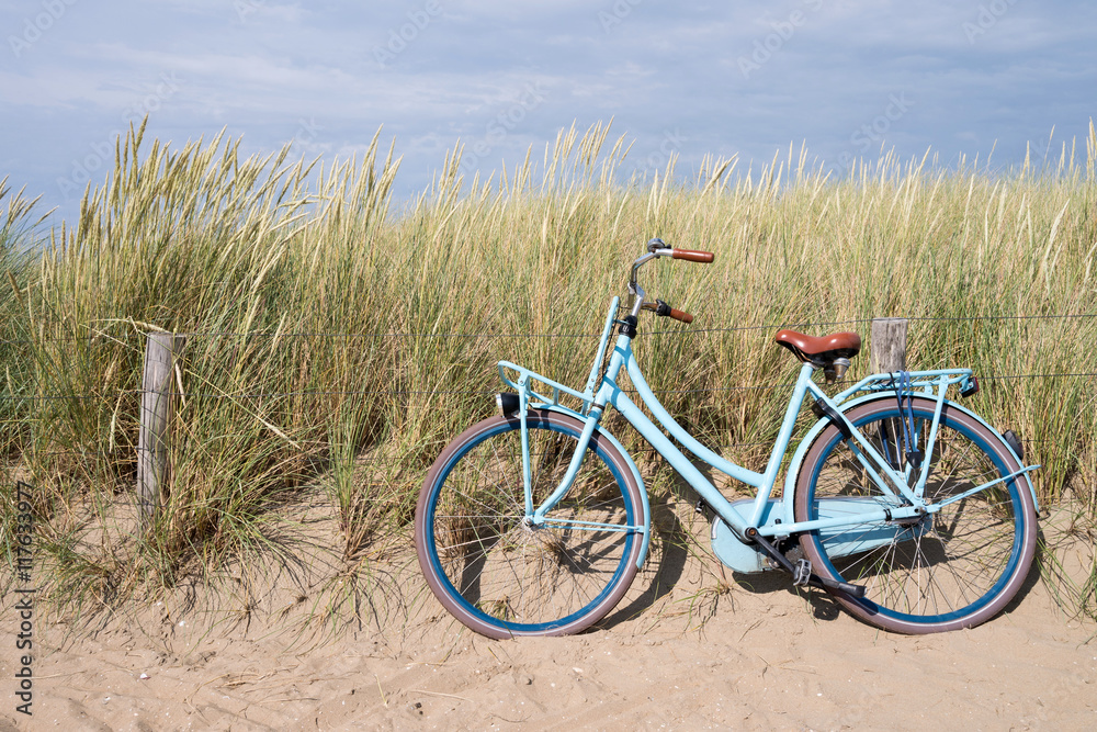 Wunschmotiv: blaues Fahrrad abgestellt in den niederländischen Dünen #117633977