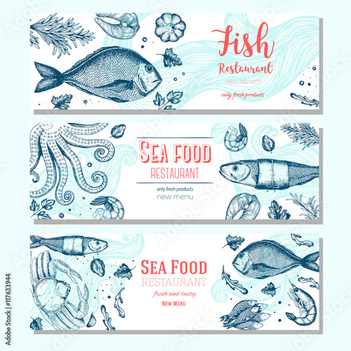 Seafood vintage design template. Horizontal banners set. Vector illustration hand drawn linear art. Fish and seafood restaurant menu. Hand drawn sketch seafood vector banners