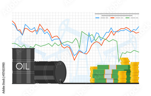 Barrel of oil price chart vector illustration in flat style. Stock graph on laptop screen.