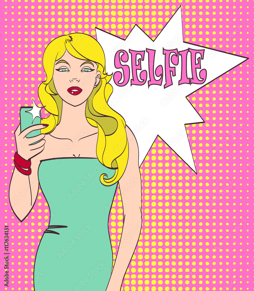Vector pop art girl doing selfie. Beautiful vector drawing, isolated eps 10 Vector pop art girl doing selfie. Beautiful vector drawing, isolated eps 10
