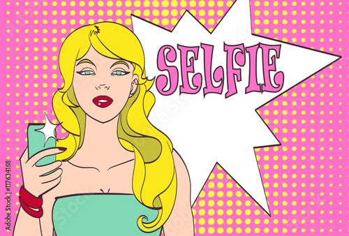 Vector pop art girl doing selfie. Beautiful vector drawing, isolated eps 10
