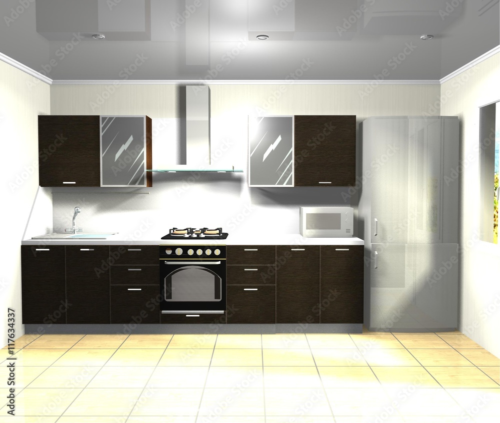 modern brown kitchen 3D rendering modern brown kitchen 3D rendering