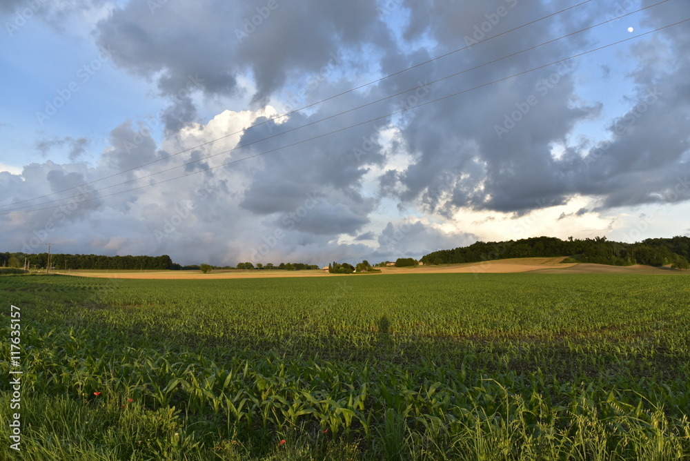 L'arrière du front froid avec nuages qui s'effilochent sous la lumière du coucher de soleil au dessus des beaux paysages du Périgord Vert L'arrière du front froid avec nuages qui s'effilochent sous la lumière du coucher de soleil au dessus des beaux paysages du Périgord Vert