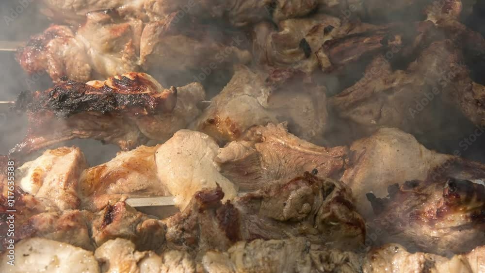 Food. Preparation of roasted meat on the fire outdoors for a picnic and relax. Food. Preparation of roasted meat on the fire outdoors for a picnic and relax.