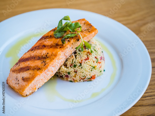 grilled salmon with rice and lime