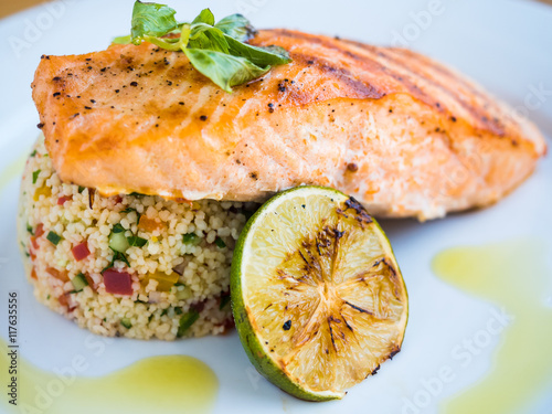 grilled salmon with rice and lime