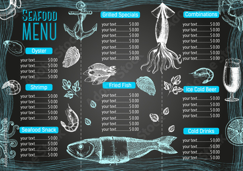 Vintage seafood menu design.Vector illustration document template
