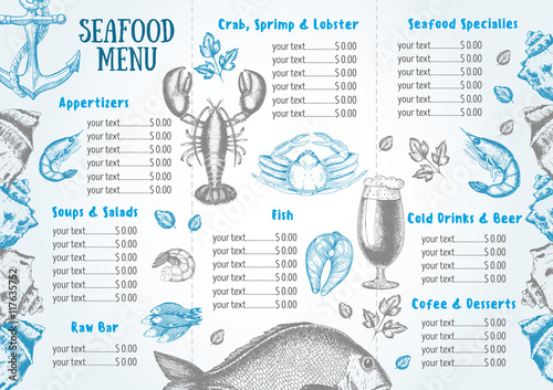 Vintage seafood menu design.Vector illustration document template