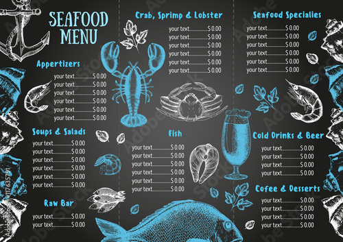 Vintage seafood menu design.Vector illustration document template