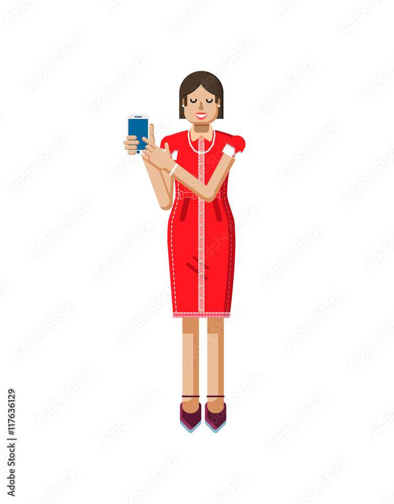 illustration isolated of European woman with dark hair in red dress, high heels shoes, touch screen smartphone by hand in flat style illustration isolated of European woman with dark hair in red dress, high heels shoes, touch screen smartphone by hand in flat style