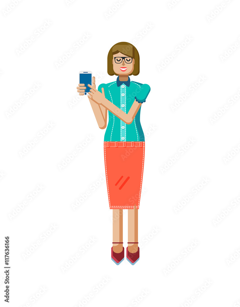 illustration isolated of European light brown hair woman, in glasses, with skirt, blouse, smartphone by hand in flat style