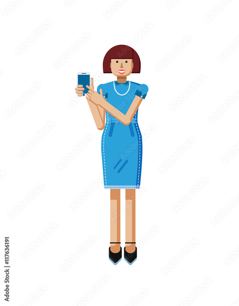 illustration isolated of European middle-aged woman, brown hair, blue dress, touch screen smartphone by hand in flat style illustration isolated of European middle-aged woman, brown hair, blue dress, touch screen smartphone by hand in flat style