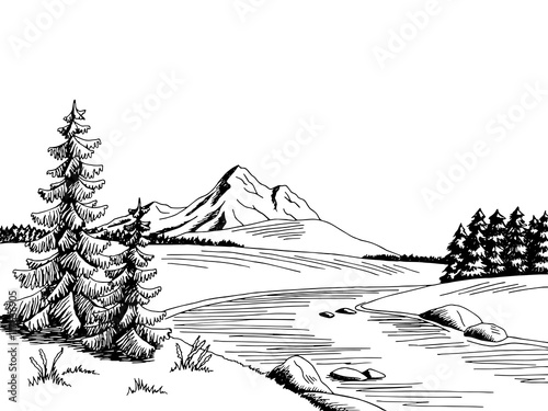 Mountain river graphic art black white landscape sketch illustration vector