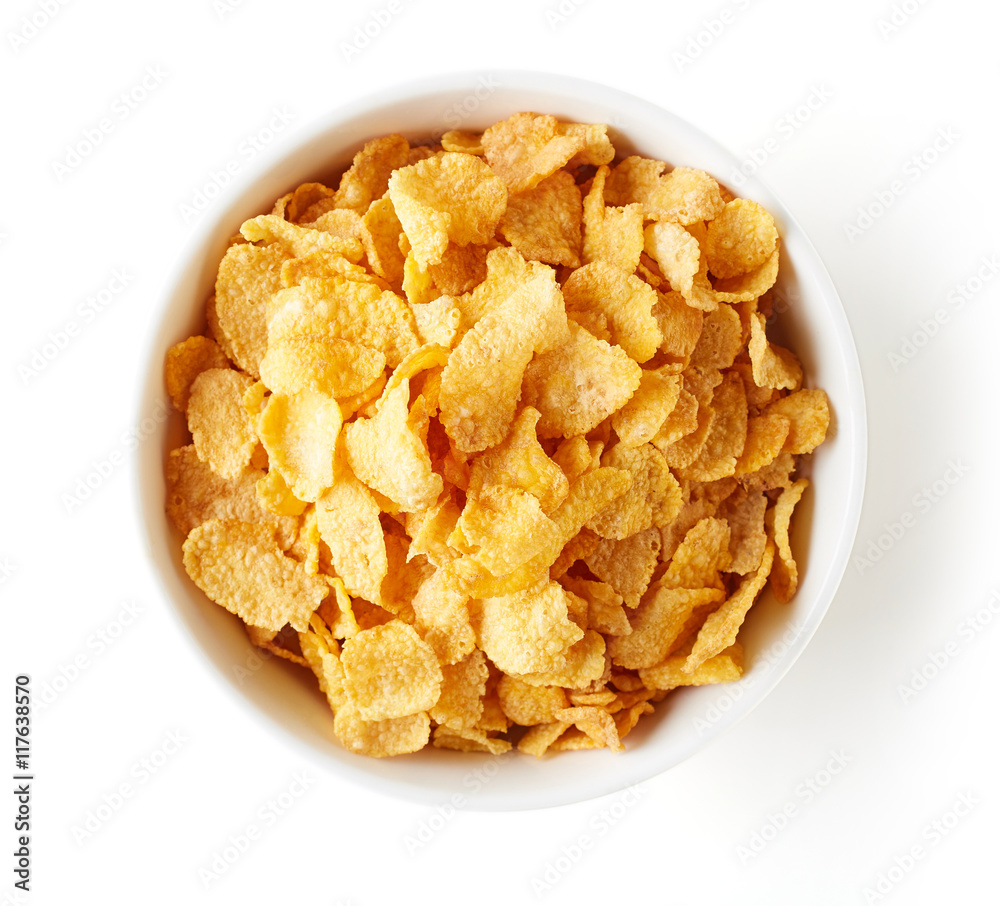 Corn flakes bowl isolated on white, from above Corn flakes bowl isolated on white, from above