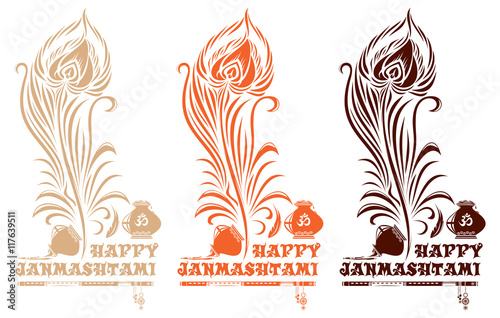 Set of multi-colored logo icons for Krishna birthday. Vector illustration with peacock feather, pots, flute and lettering - Happy Janmasthami