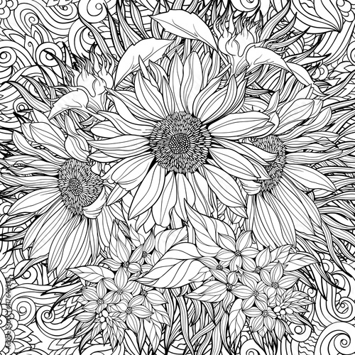 Seamless pattern of black and white sunflowers.