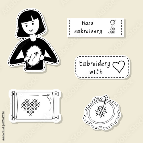 Vector set of design element, logo, badge, label, icon, decoration and scrapbook object. Hand embroidery, handmade theme. Embroider girl, hoop, frame, crosses, stitches.